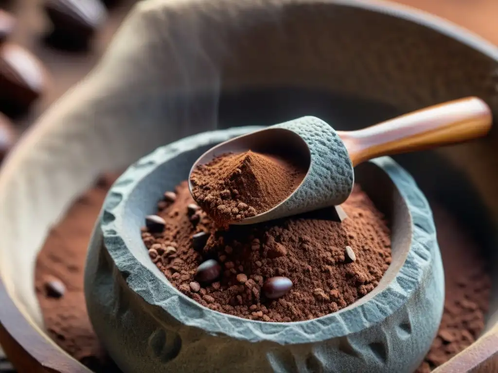 Detalle de metate de piedra tradicional para proceso molienda conchado chocolate artesanal