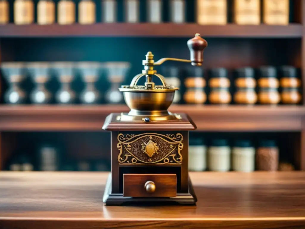 Detalle de molinillo de café antiguo de bronce con grabados, rodeado de granos de café de distintas regiones, evocando cafeterías históricas cultura café