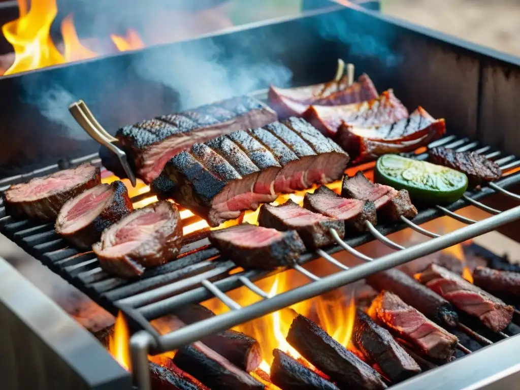 Detalle de una parrilla argentina tradicional con los mejores cortes de carne cocinando sobre brasas ardientes en un asado al aire libre