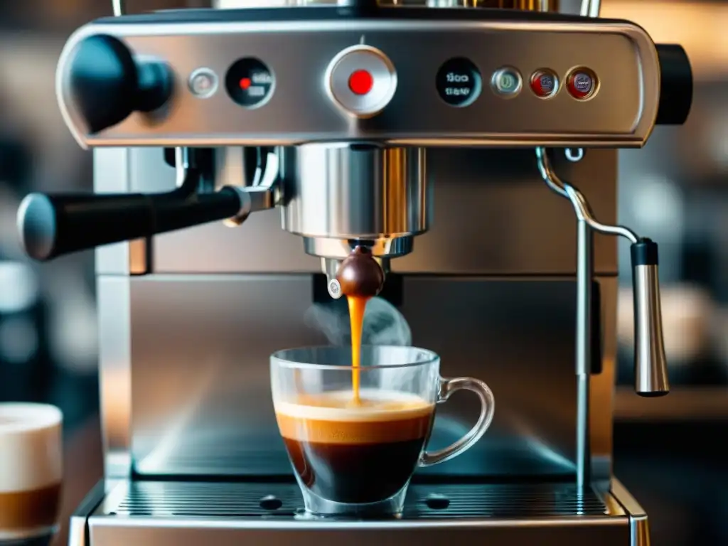 Detalle perfecto de la extracción espresso: crema, vapor y aroma en una máquina de alta tecnología