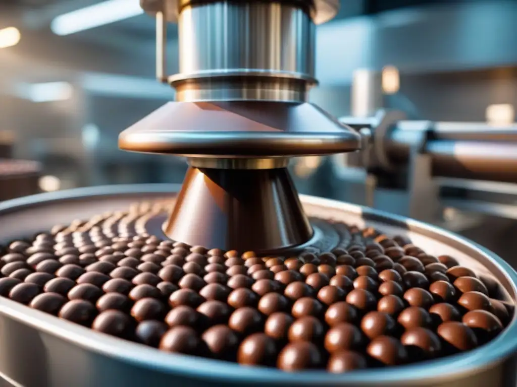 Detalle del proceso de fabricación de chocolate a nivel molecular en una máquina conchadora, resaltando la textura y brillo del chocolate líquido