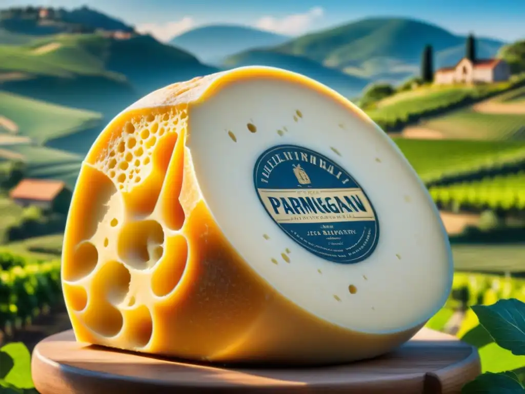 Detalle de queso Parmigiano Reggiano en campo italiano con granjas de piedra y viñedos, Quesos Europeos Exóticos Historias