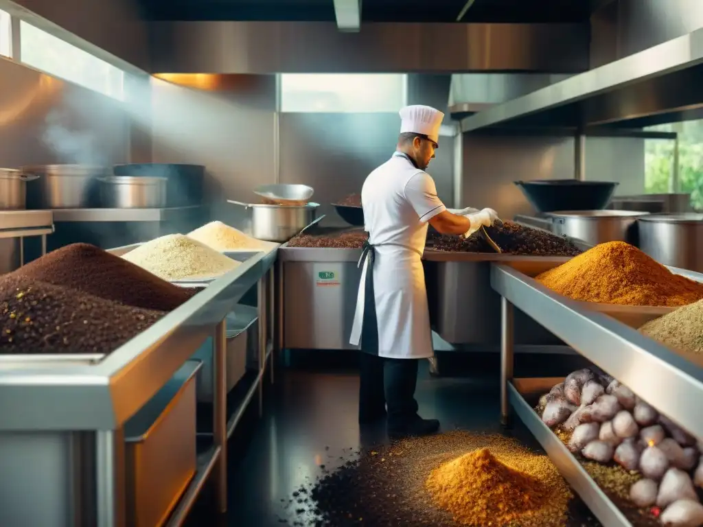 Detalle realista de cocina con chefs en uniforme blanco clasificando desechos en compostaje