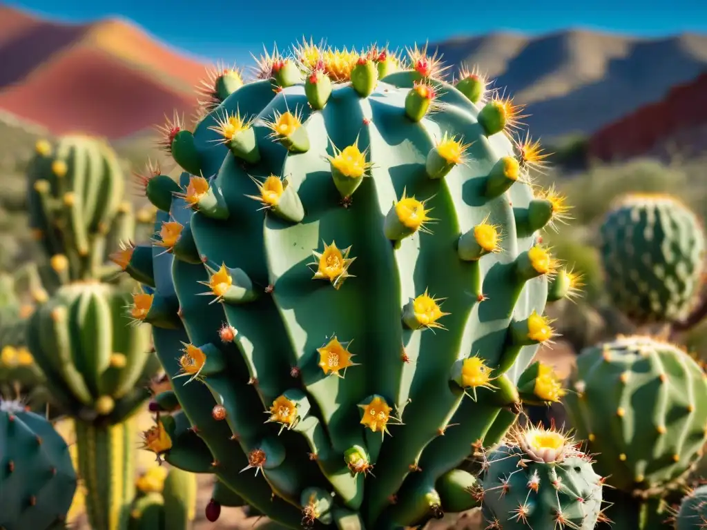 Detalle realista de un cactus Xoconostle en floración, con frutos maduros, en paisaje mexicano