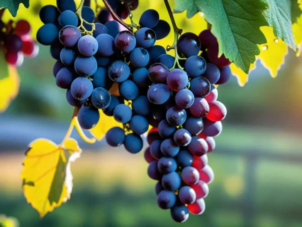 Detalle realista de uvas moradas brillantes en vid, cubiertas de rocío bajo el suave sol