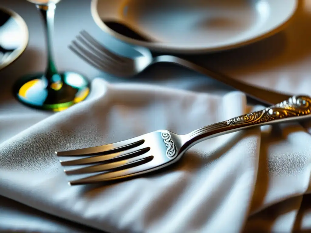 Detalle sofisticado de cubiertos de plata en mesa blanca, lujo y elegancia