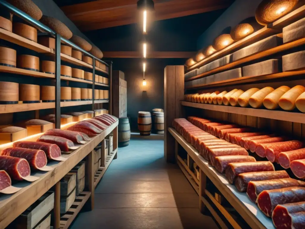 Detalle ultrarrealista de una bodega con jamones y bresaolas colgando, resaltados por la iluminación