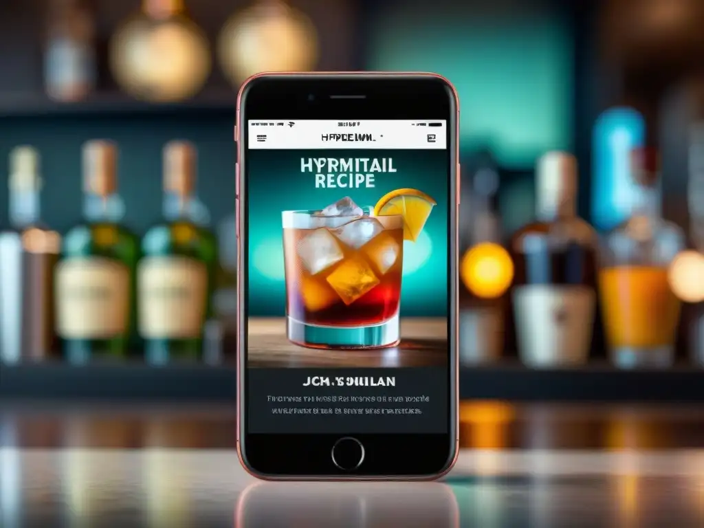 Detalle ultrarrealista de un smartphone con app de coctelería premium para mixólogos