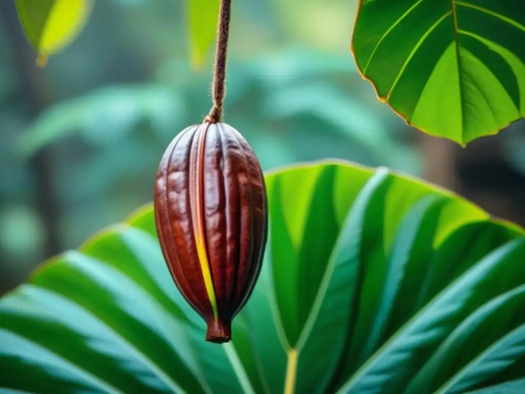 Detalle de una vaina de cacao en la selva tropical, resaltando su belleza natural y el inicio del Proceso fabricación artesanal chocolate gourmet