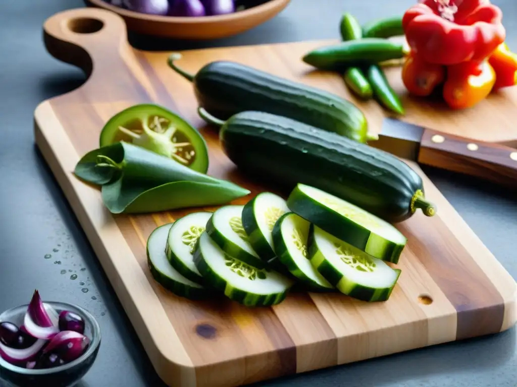 Detalle de vegetales frescos para encurtidos gourmet rápido en tabla moderna