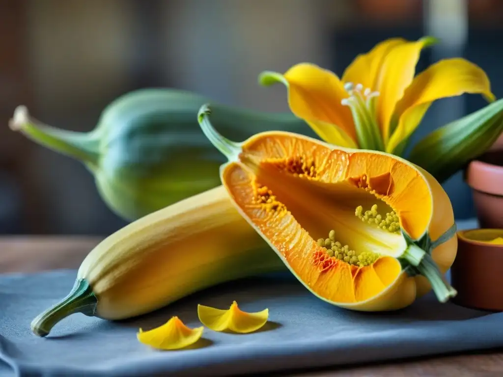 Detalle vibrante de una flor de calabaza con pistilo amarillo, en una cocina mexicana tradicional con ollas de barro y textiles coloridos