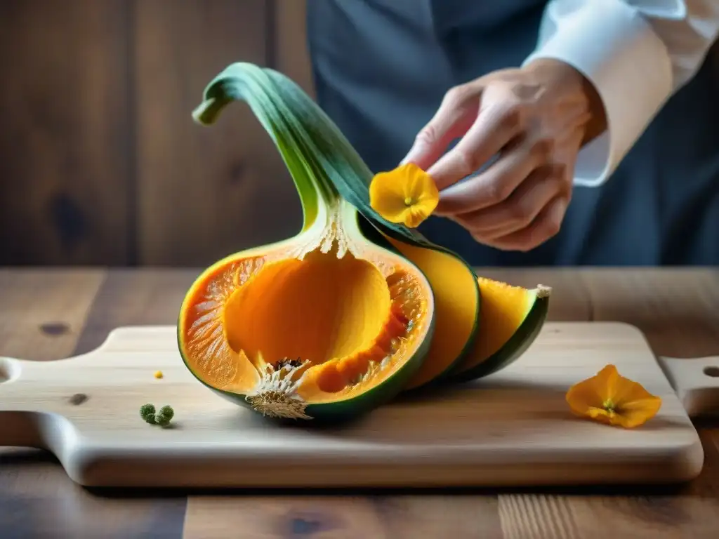 Detalle vibrante de flor de calabaza en mano de chef, evocando la esencia gourmet