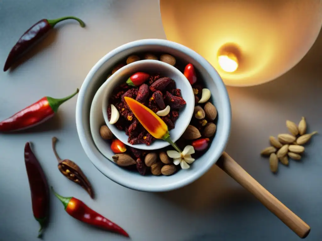 Detalle vibrante de ingredientes para salsa macha casera: chiles, ajo y nueces listos para moler