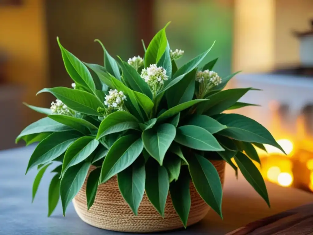 Detalle vibrante de la planta de epazote en una cocina mexicana tradicional, evocando autenticidad y delicia culinaria