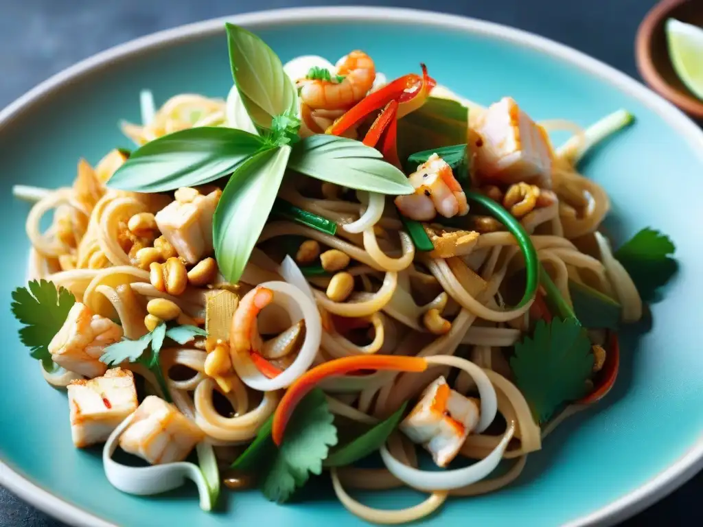 Detalle vibrante de un plato de Pad Thai, con fideos icónicos Asia, camarones, tofu y maní, en un entorno tailandés tradicional