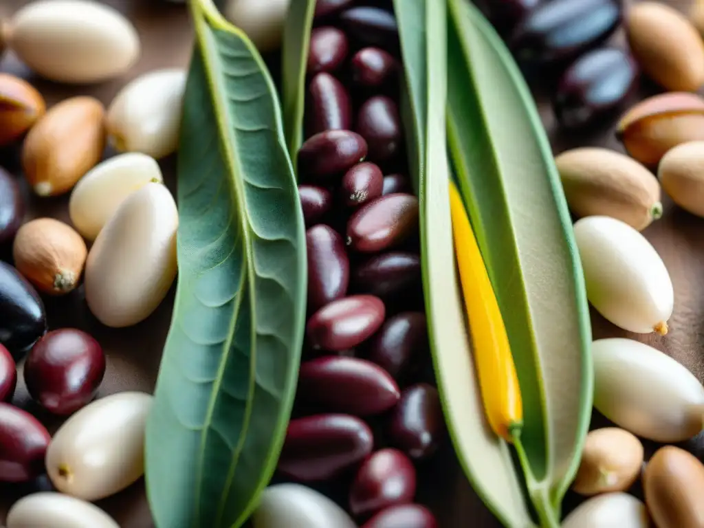 Detalle vibrante de variedades de frijoles mexicanos en gradientes de colores y texturas, destacando su diversidad única