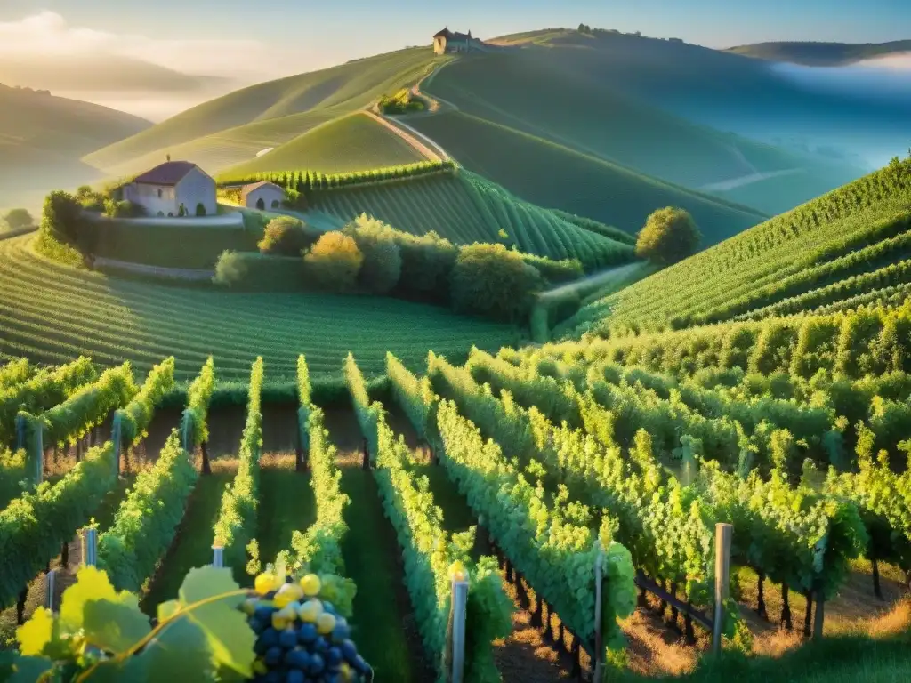 Detalle de viñedo de champagne al amanecer, con uvas brillantes y colinas verdes