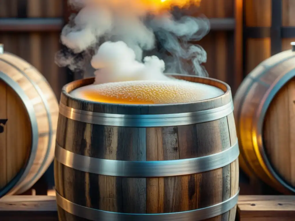 Detalles de la fermentación en cerveza artesanal: barril de madera con cerveza burbujeante, equipo de cobre al fondo