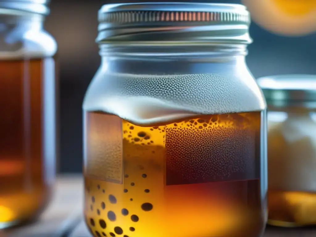 Detalles del té kombucha fermentado en frasco, con burbujas y un scoby flotante