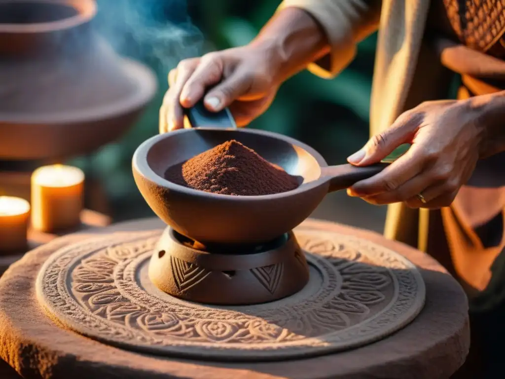 Detalles de metate de piedra para moler cacao con pasta de chocolate, iluminado por velas