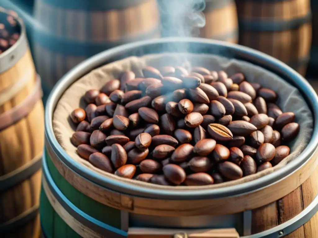 Detalles del proceso de fermentación de cacao en barriles de madera, creando chocolates artesanales