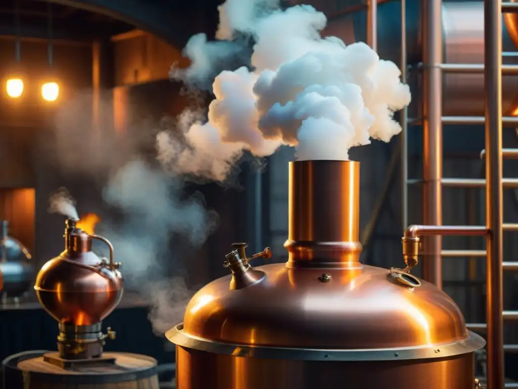 Detalles profundos de una alambique de cobre en la destilería, revelando secretos whisky Single Malt