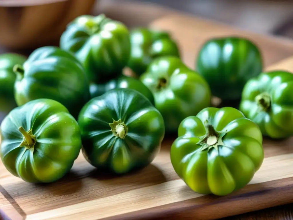 Detalles de tomatillos frescos en tabla de madera rústica