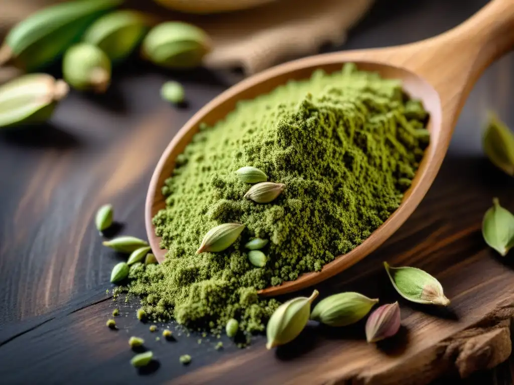 Exquisita vista de cardamomo verde y polvo en cuchara de madera Detalles vibrantes del cardamomo en cocina: vainas verdes y polvo esparcido en cuchara rústica de madera
