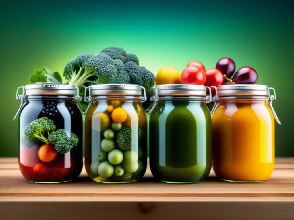 Detalles vibrantes de frutas y verduras fermentando en frascos de vidrio, resaltando beneficios y sabores de la fermentación orgánica