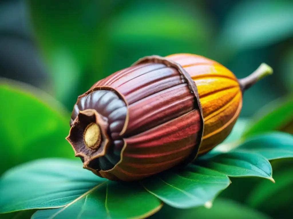 Detalles vibrantes de una vaina de cacao de calidad autenticidad, con granos brillantes rodeados de follaje tropical