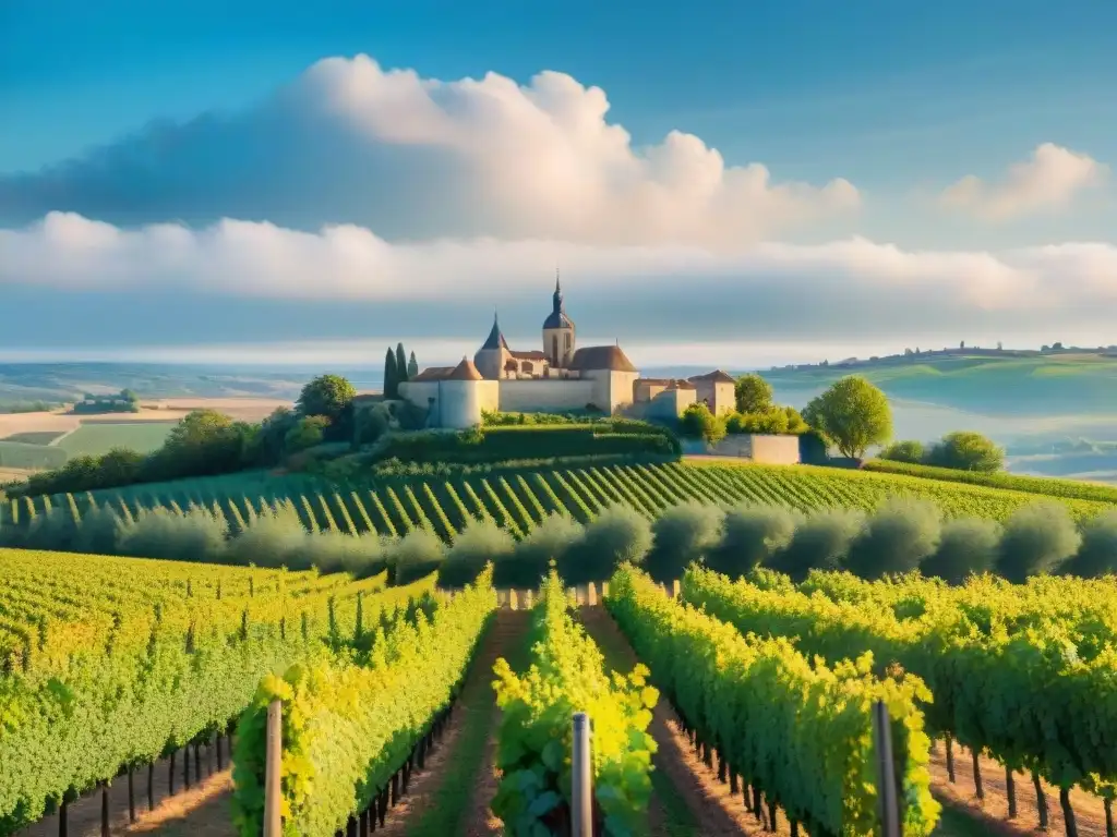 Un día soleado en la Ruta del vino bodegas Francia: viñedos verdes y un encantador château entre las vides