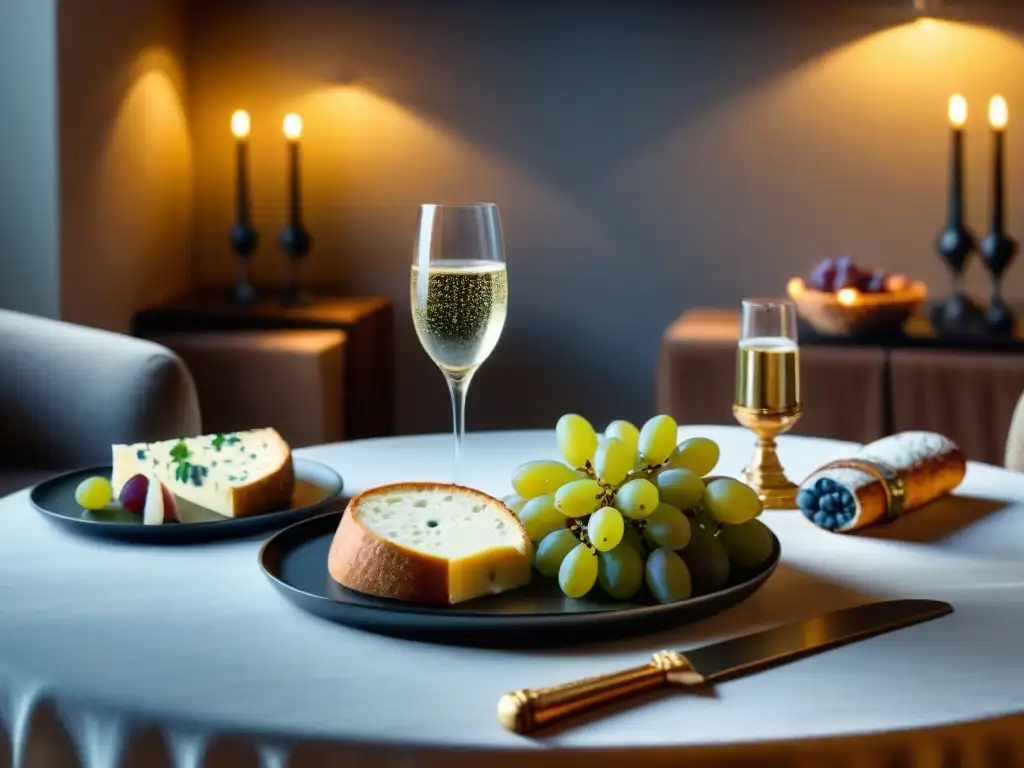 Diferencias entre Champagne y Cava: Mesa lujosa con copas de cristal, champagne, uvas, quesos y pan en elegante comedor iluminado