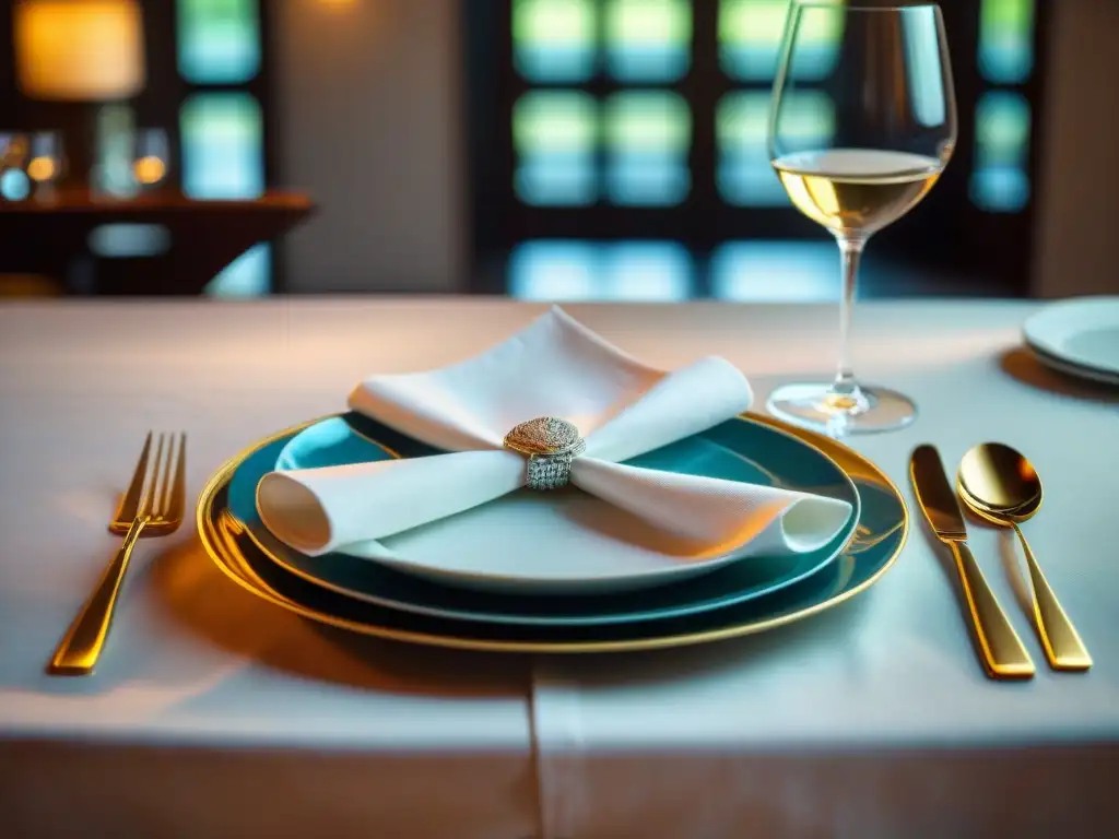 Diseño elegante en servilleta de tela blanca en mesa gourmet de alto nivel, evocando lujo y sofisticación