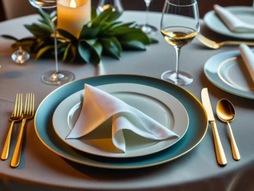 Diseño de servilleta de tela gourmet alto en mesa elegante de restaurante