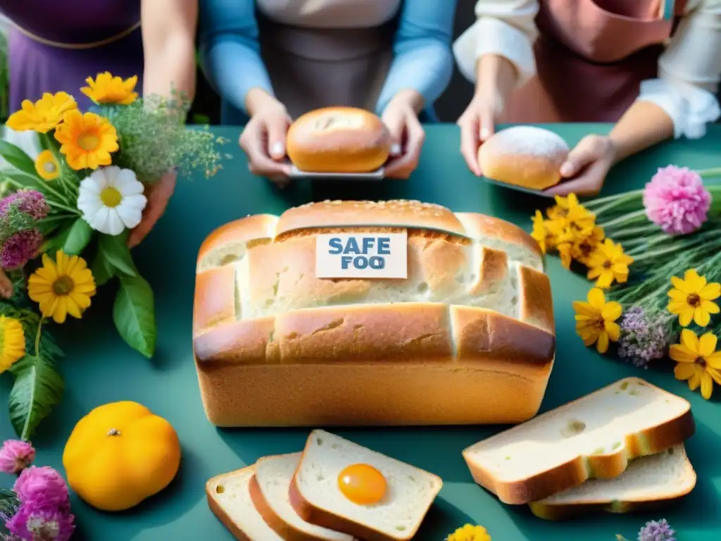 Una diversa grupo disfruta de panes seguros para alergias alimentarias en mesa decorada con flores y hierbas