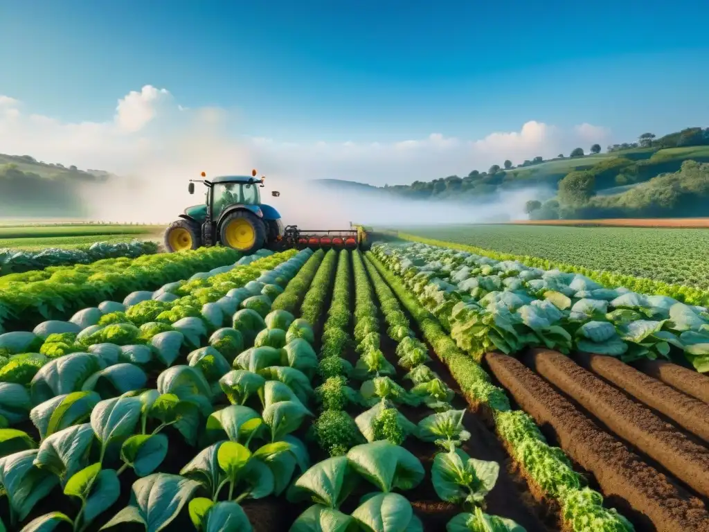 Un documental visual de agricultura sostenible: granja verde con cultivos variados y armonía, mostrando un futuro prometedor