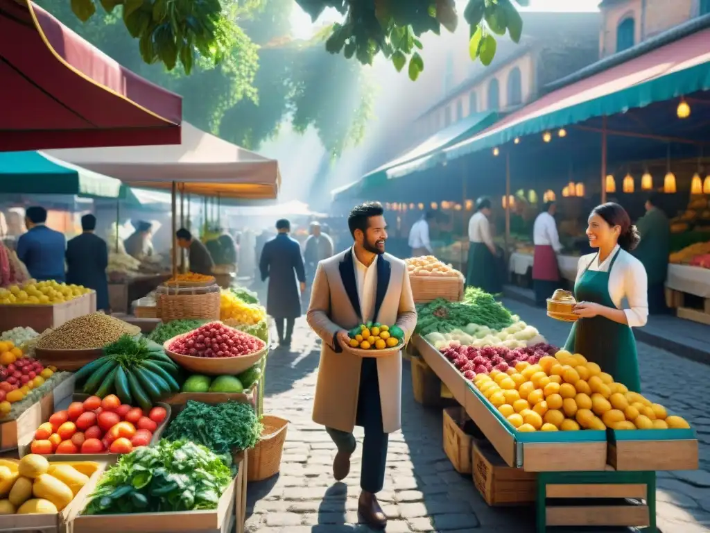 Documentales gastronomía influencia en paladar: Mercado vibrante con alimentos exóticos, locales y turistas disfrutando de la diversidad cultural