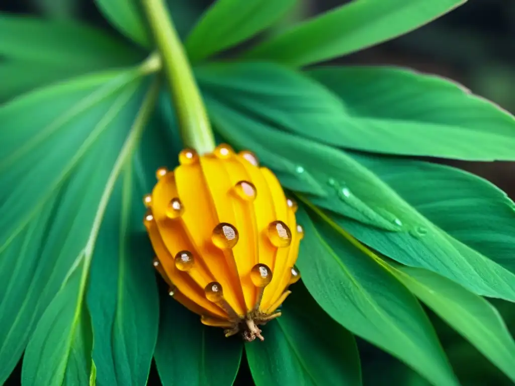 Raíz dorada de cúrcuma con gotas de agua sobre hojas verdes, detalle y frescura