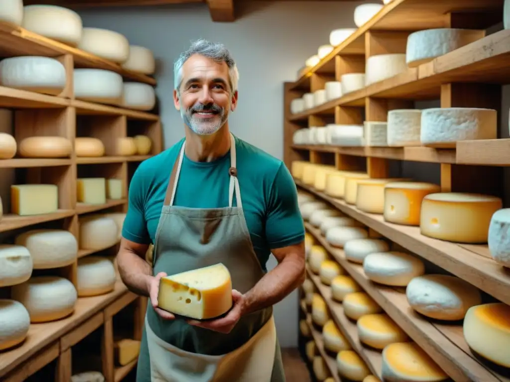 Elaboración artesanal de quesos gourmet en bodega rústica, con maestro quesero y herramientas esparcidas