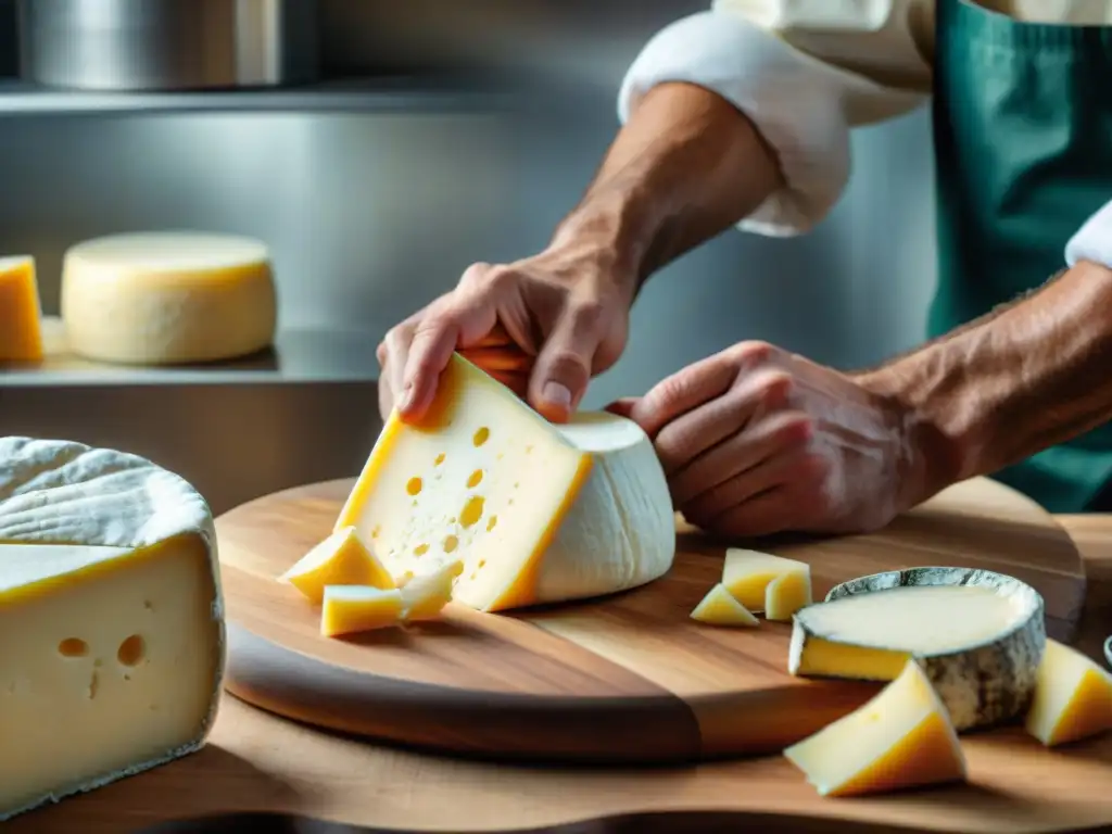 Elaboración de quesos gourmet artesanales: Un experto quesero moldeando queso con precisión y dedicación