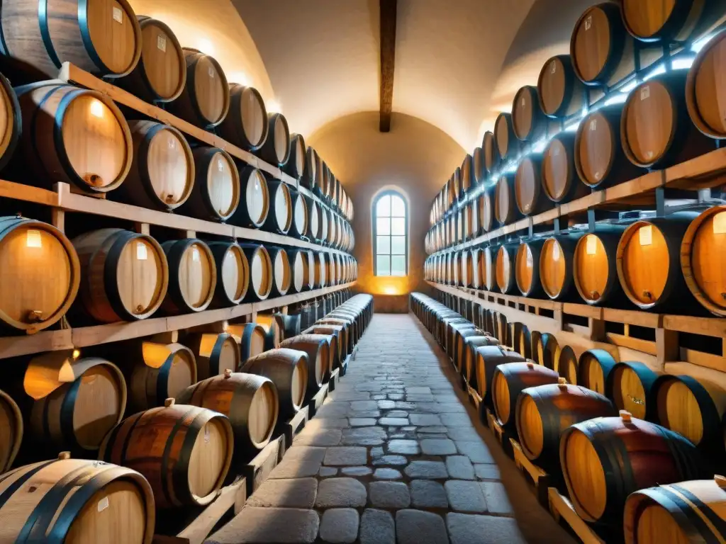 Elaboración de vinagres balsámicos añejos en una bodega tradicional italiana, con barricas de madera apiladas y relucientes