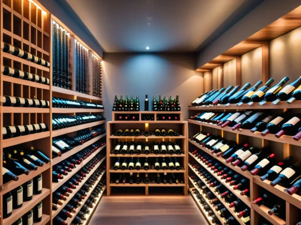 Explora la elegancia de una bodega de vinos lujosa, con etiquetas exquisitas iluminadas, ideal para Guía caja suscripción vinos gourmet