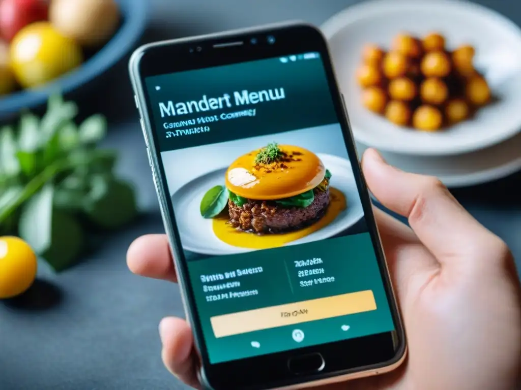 Una elegante app para diseñar menús gourmet en un smartphone moderno, con exquisiteces culinarias detalladas