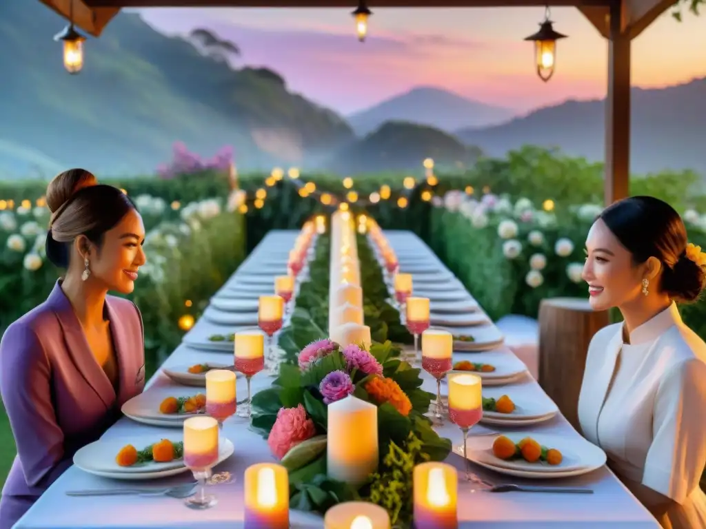 Exquisita cena al aire libre al atardecer con chefs y detalles lujosos Un elegante banquete al aire libre al anochecer, rodeado de naturaleza exuberante y chefs preparando delicias