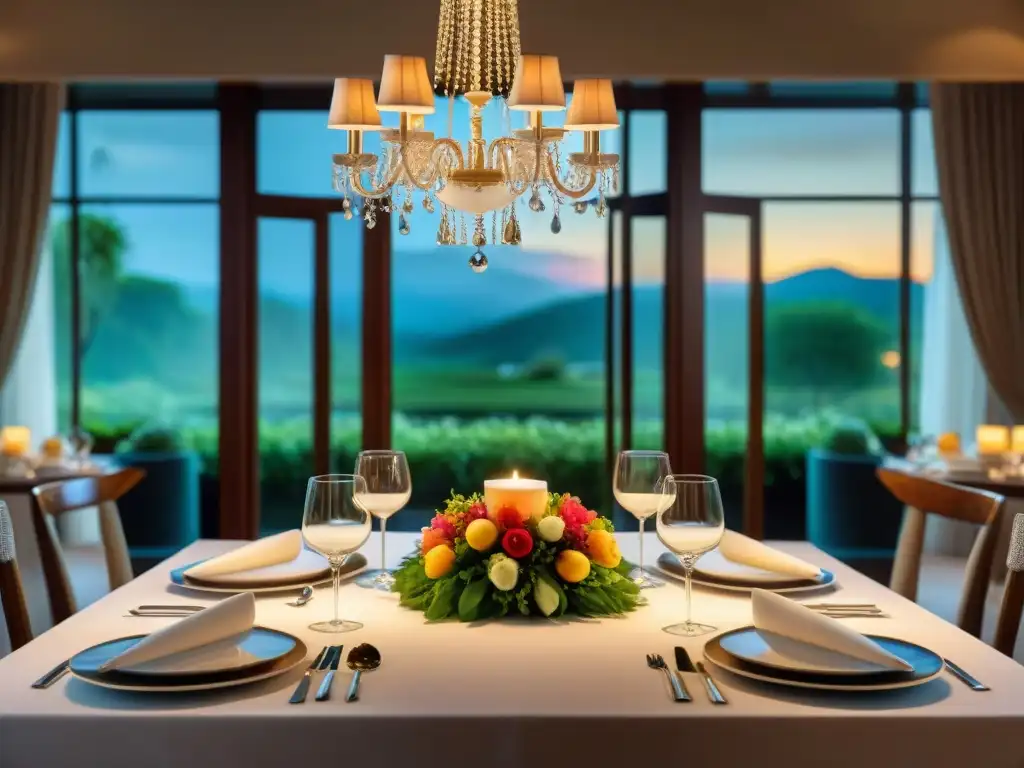 Un elegante banquete gourmet iluminado por velas en un comedor lujoso