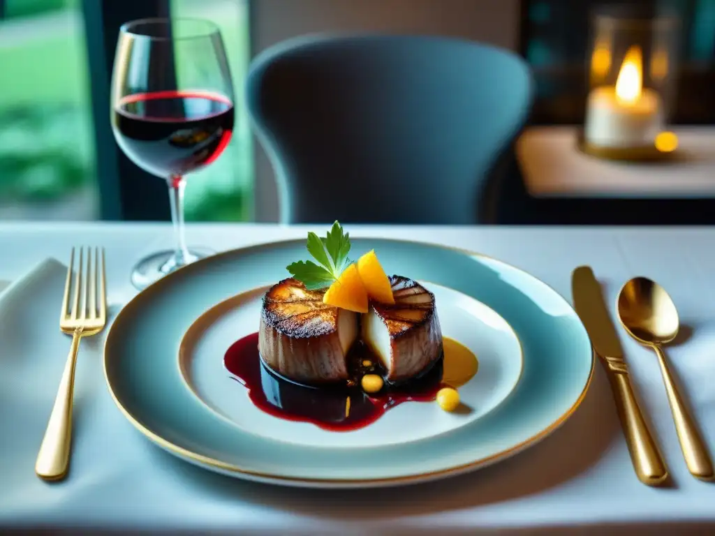 Un elegante banquete gourmet en mesa bien puesta, bañada por luz natural