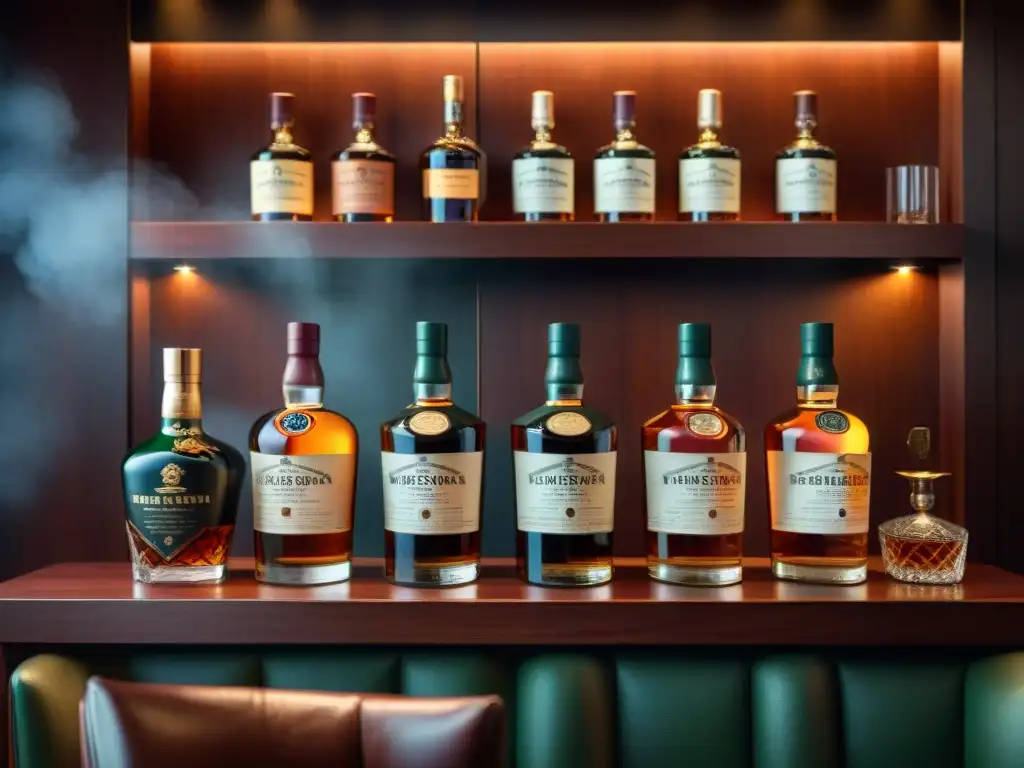 Un elegante bar en casa con una colección de whiskys premium en un estante de caoba, iluminados con suavidad