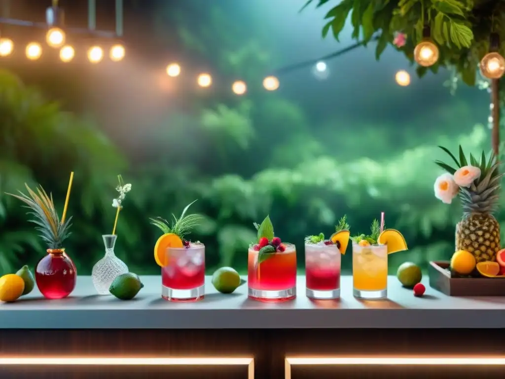 Un elegante bar de cocteles decorado con luces brillantes y copas de cristal, ideal para celebraciones gourmet