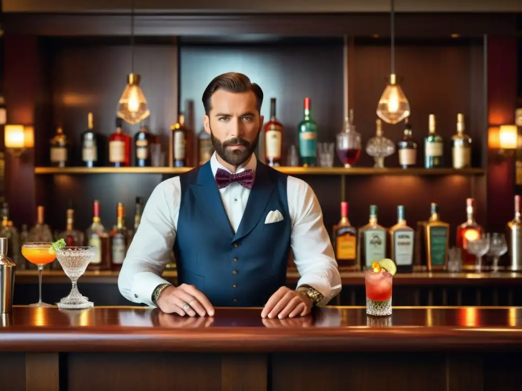 Un elegante bar de cocteles con historia recetas legendarias, cristalería fina y cocteles coloridos