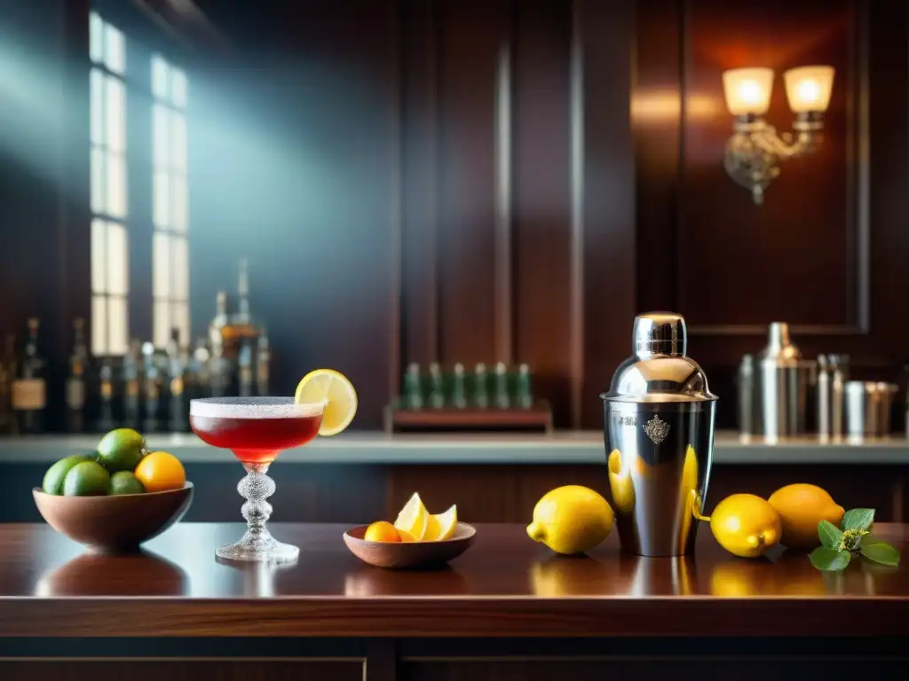 Un elegante bar de cócteles con historia recetas legendarias, donde la luz suave realza la atmósfera vintage